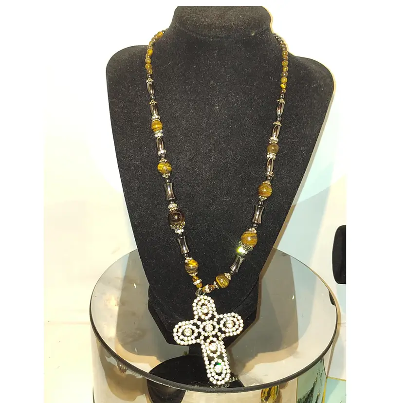 Tiger Eye Necklace W/Rhinestone Cross Pendant