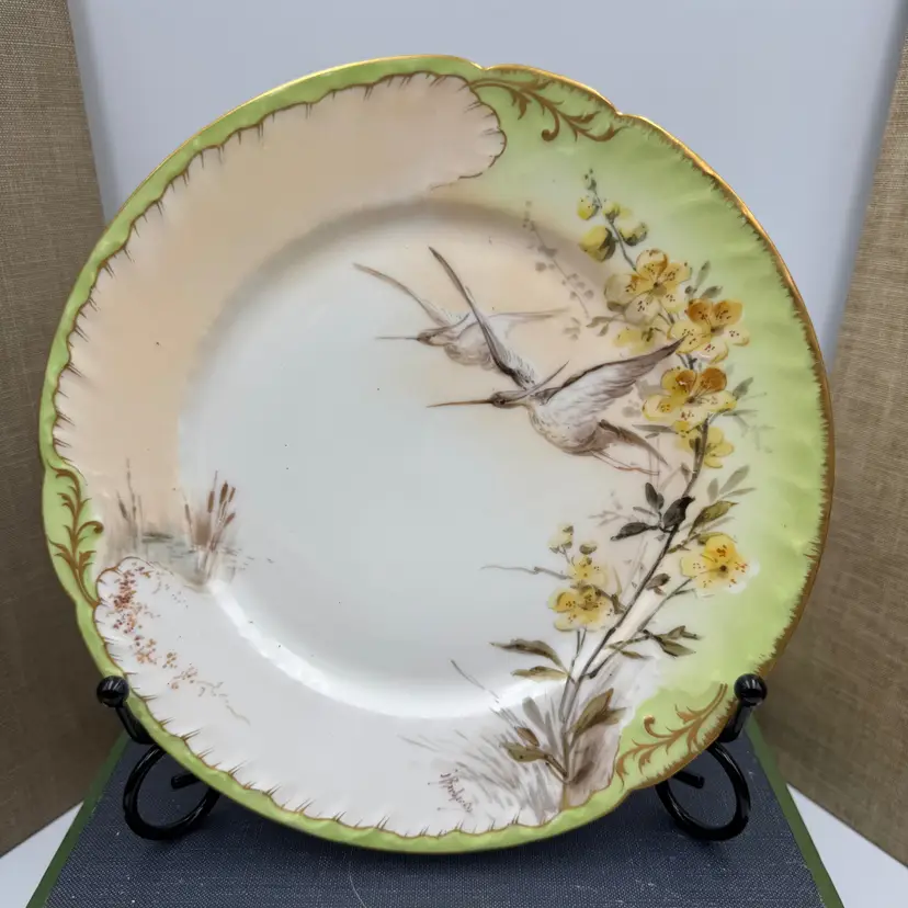 Set of 6 Antique Art Nouveau LIMOGES ARTIST SIGNED CORONET Hand-painted Luncheon Plates Set - "Birds in Flight" 1890-1919