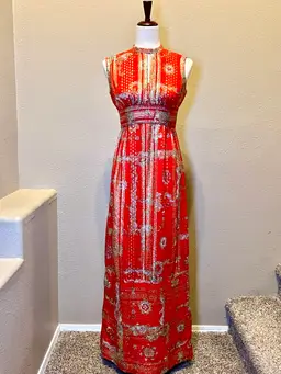 ✨❤️‍🔥Vintage 1960s/70s Fiery Red and Gold Chiffon Maxi Dress❤️‍🔥✨