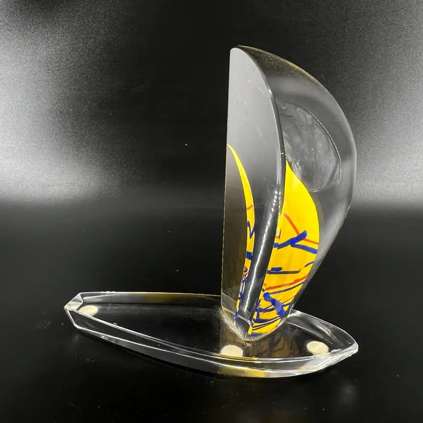 Signed Art Glass Yellow Sail Boat Sculpture