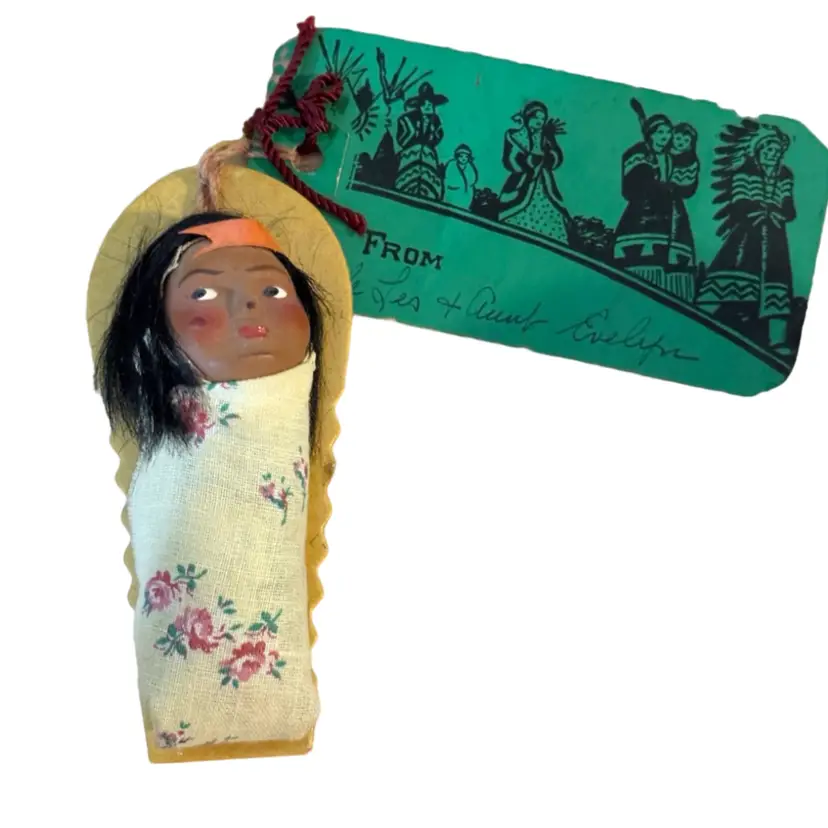 Antique Skookum Papoose Celluloid Doll w Original Dennison Card Native American