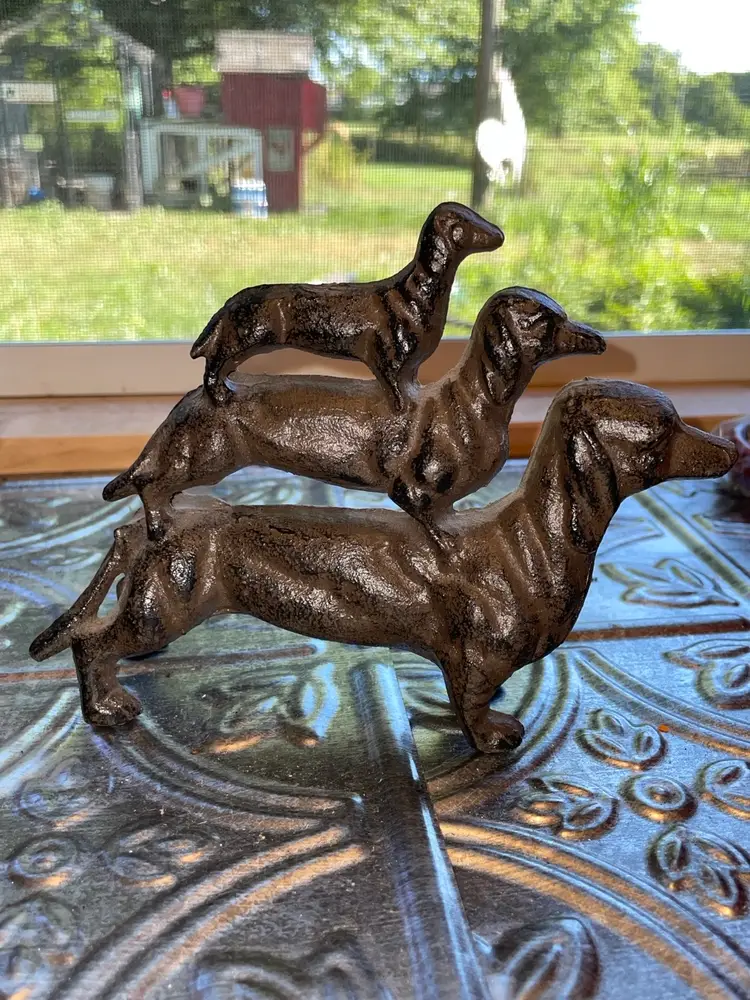 Vintage Cast Iron Triple Stacked Dachshund Weenie Dog Figurine Rustic Decor