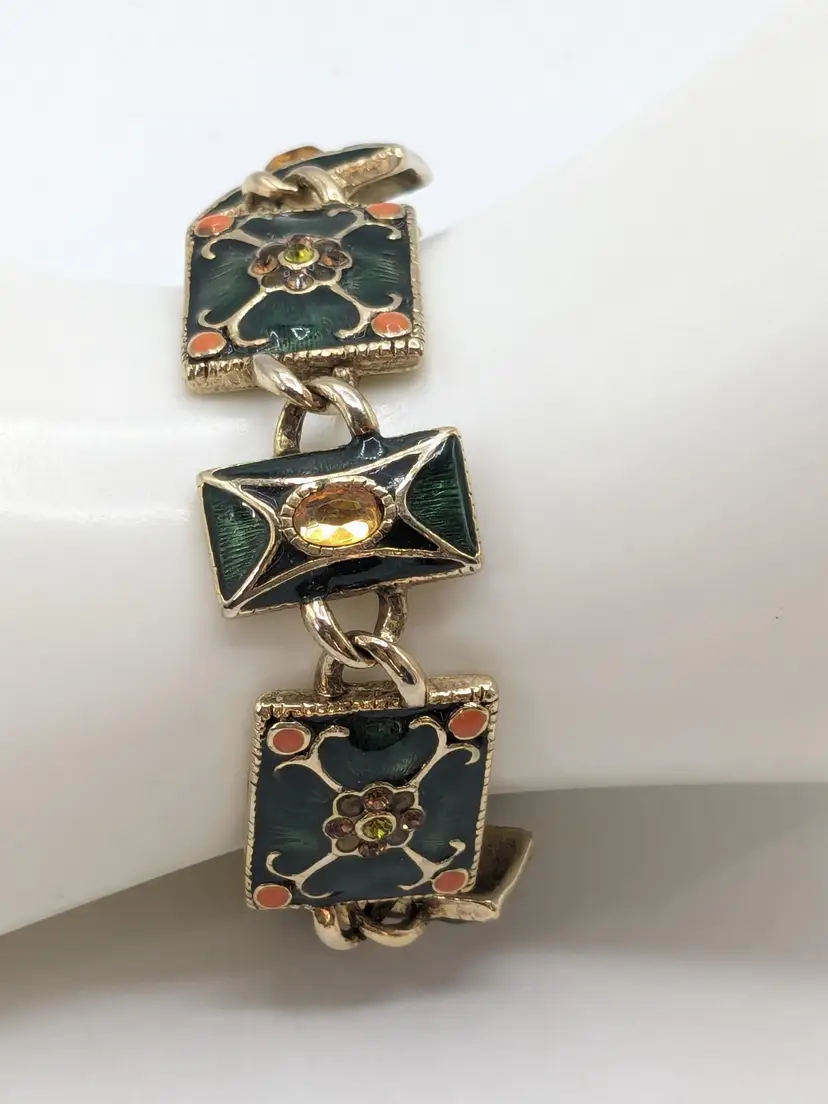 Vintage Liz Claiborne Green Enamel Chain Bracelet Rhinestones Gold Tone