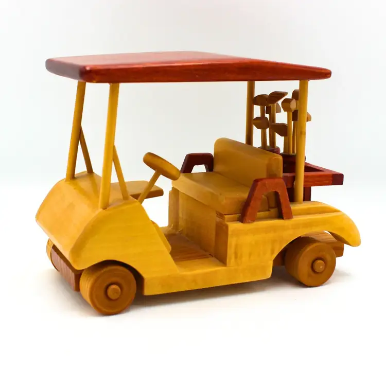 Vintage Wooden Golf Cart Figurine Handcrafted Rolling Wheels Desk Accessory