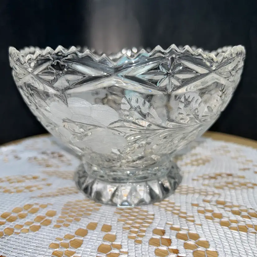Vintage Imperlux (Germany) Hand Cut 24% Lead Crystal Footed Bowl Etched with Roses