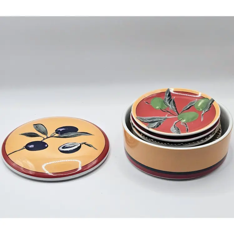 #01 - 2003 Olivier Appetizer Plates in Ceramic Container, 5" wide x 2" tall, Four 4"diameter Plates