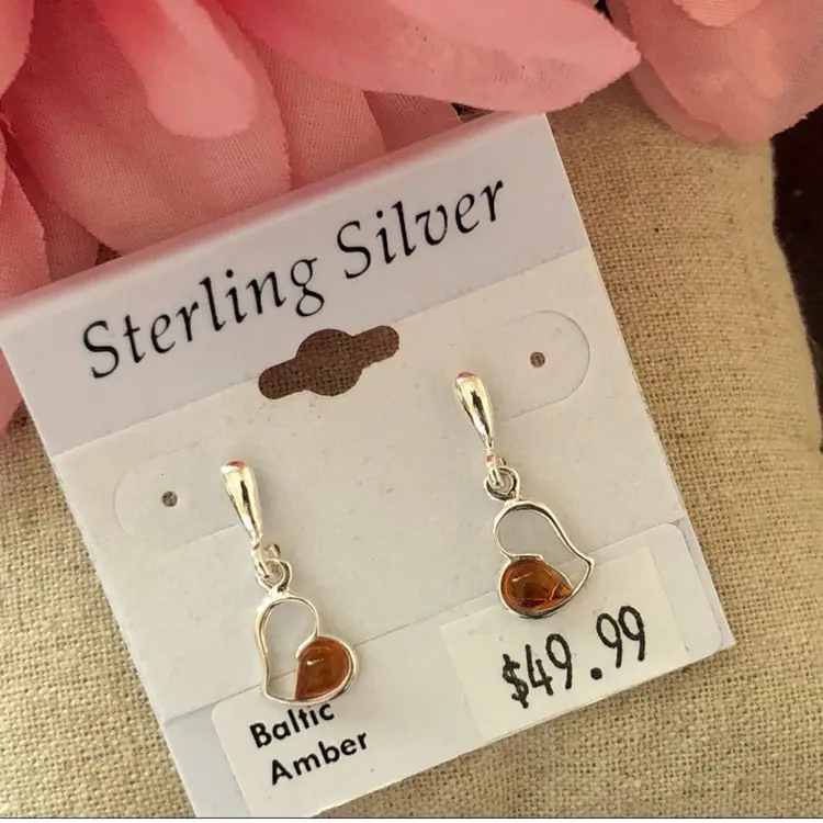 Sterling Silver Baltic Amber Heart Earrings
