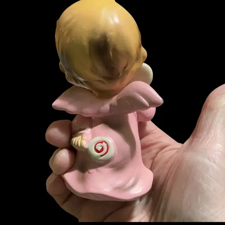 Vintage Josef Original Wee Folks Figurine Of A Pink Angelic Angel Holding A Lollipop. Ceramic & Hand Painted Collectable.