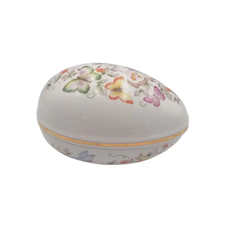 Avon 1974 Butterfly Floral Porcelain Egg Trinket Box W/ 22K Gold Trim Japan