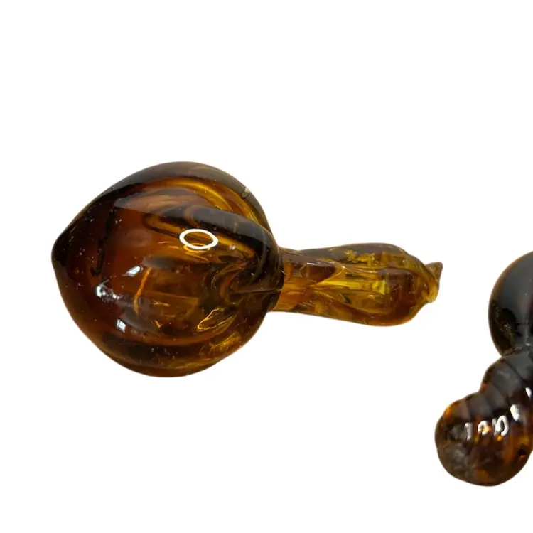 Set Of Two Amber Colored Hand Blown Mushrooms @3 1/2” Tall
