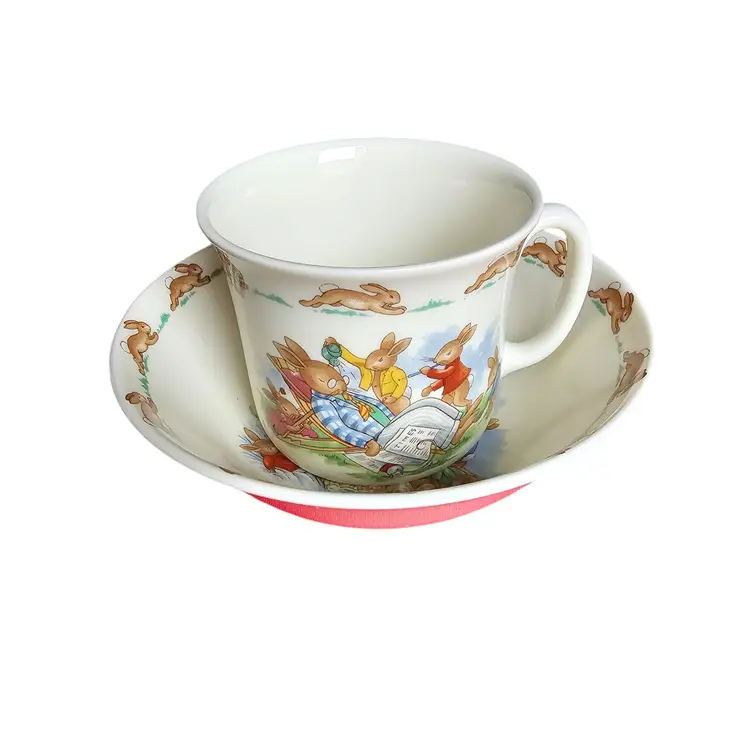 VINTAGE BUNNYKINS ROYAL DOULTON 1984 ENGLISH FINE BONE CHINA CHILD BOWL AND CUP SET #S197X2206
