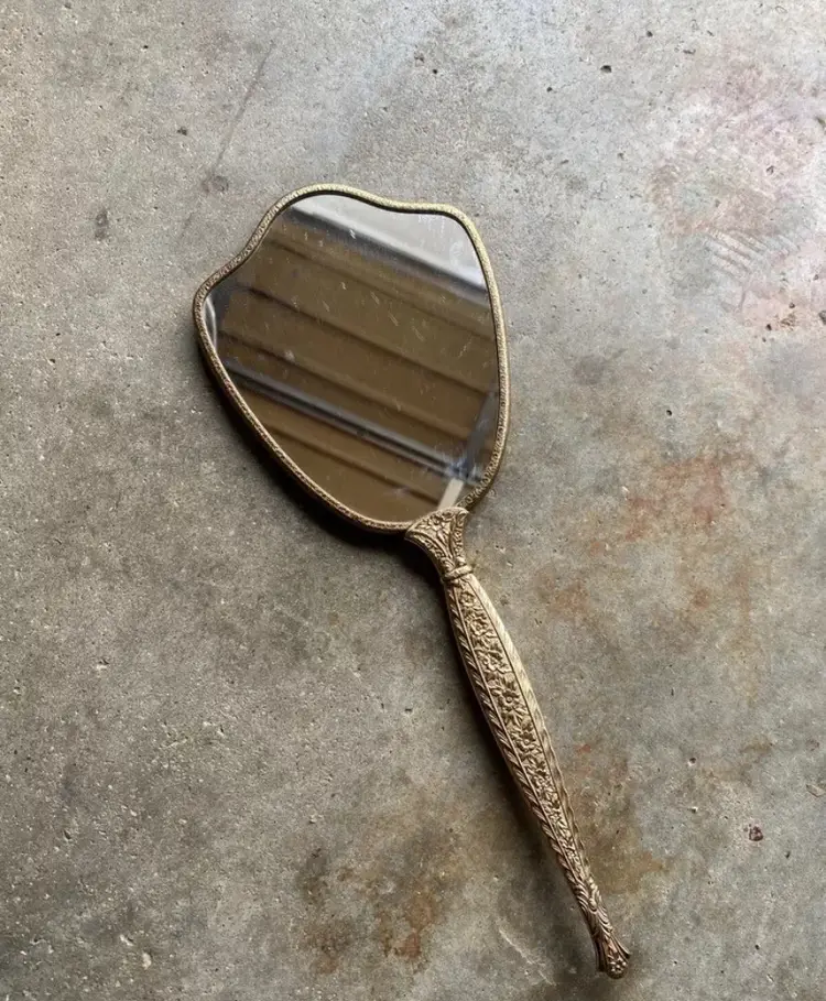 Vintage 1950s 14” Hand Held Vanity Mirror w/ Carved Metallic Golden Handle As Is