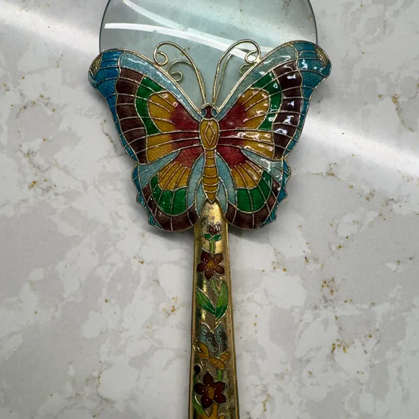 Vintage Cloisonné Enamel 7” Butterfly Magnifying Glass Goldtone