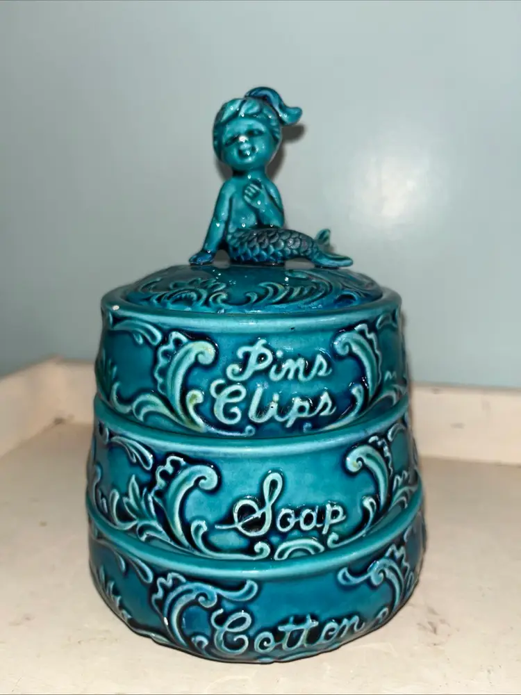 Vintage VHTF Enesco E-8252 Teal Mermaid 3-Tier Stacking Trinket Vanity Box w/Lid