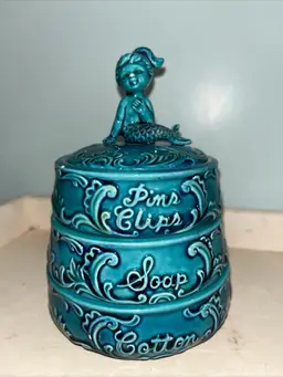 Vintage VHTF Enesco E-8252 Teal Mermaid 3-Tier Stacking Trinket Vanity Box w/Lid