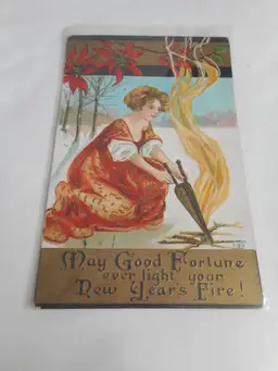 Vintage New Year's Postcard posted written Fire Poinsettia 1910