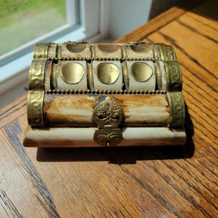 Vintage Hinged Trinket Box Camel Bone and Brass velvet interior