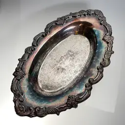 Vintage Sheridan Silver on Copper Oval Footed Serving Tray Bread Platter 13”