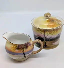 Vintage Noritake Hand Painted "Tree in the Meadow" Sugar/Condiment and Creamer Set 1920s