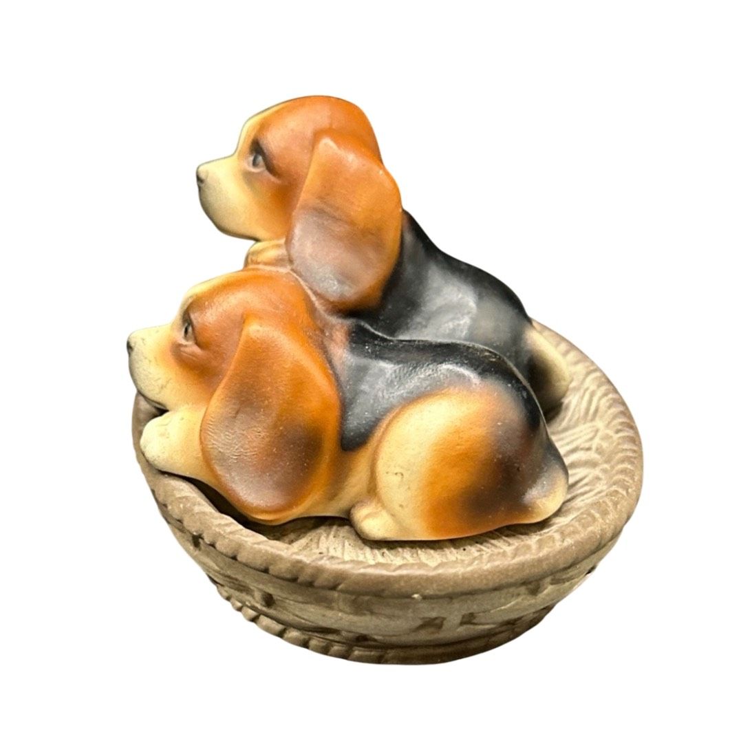 Niknax · Porcelain Japan Basset Hound Puppies In Basket Signed And