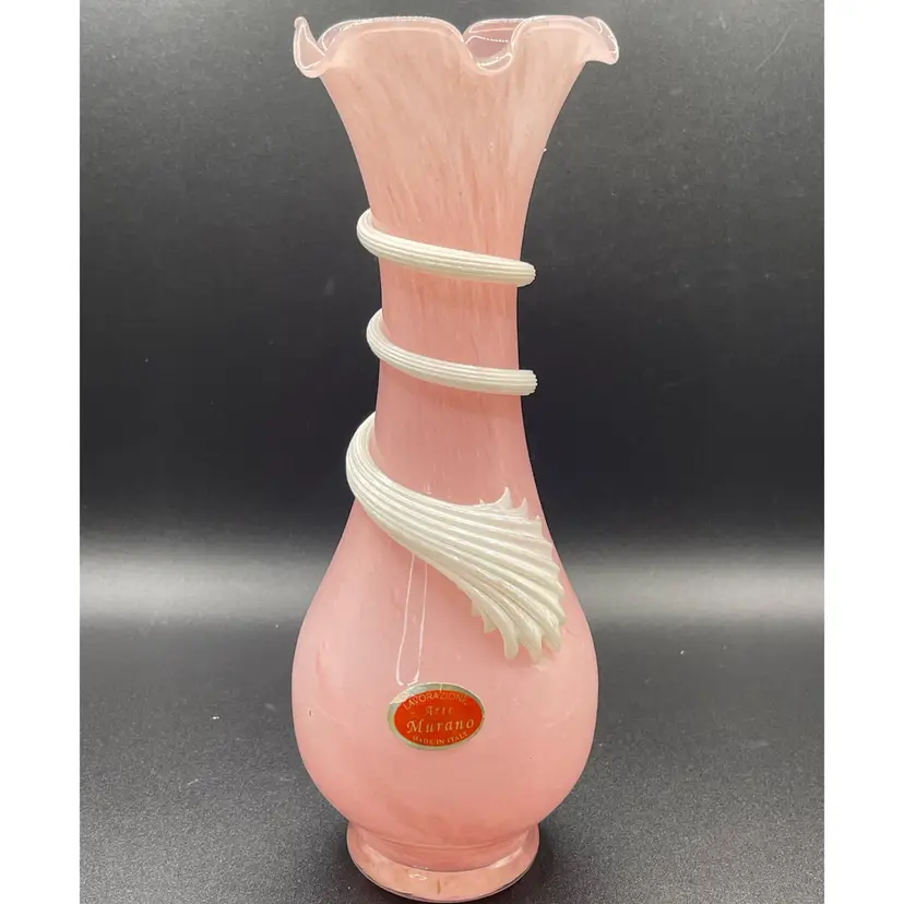 Vintage Pink Art Glass Vase With Applied Swirl