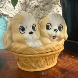 Adorable Puppies In A Basket Vintage Ceramic Lidded Trinket Dish 5x4”