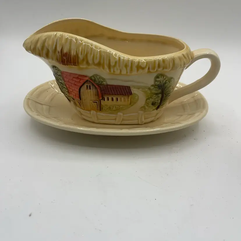 Marks & Rosenfeld Gravy Boat Pastoral Relief Country Farm Barn Scene 2pc Vintage