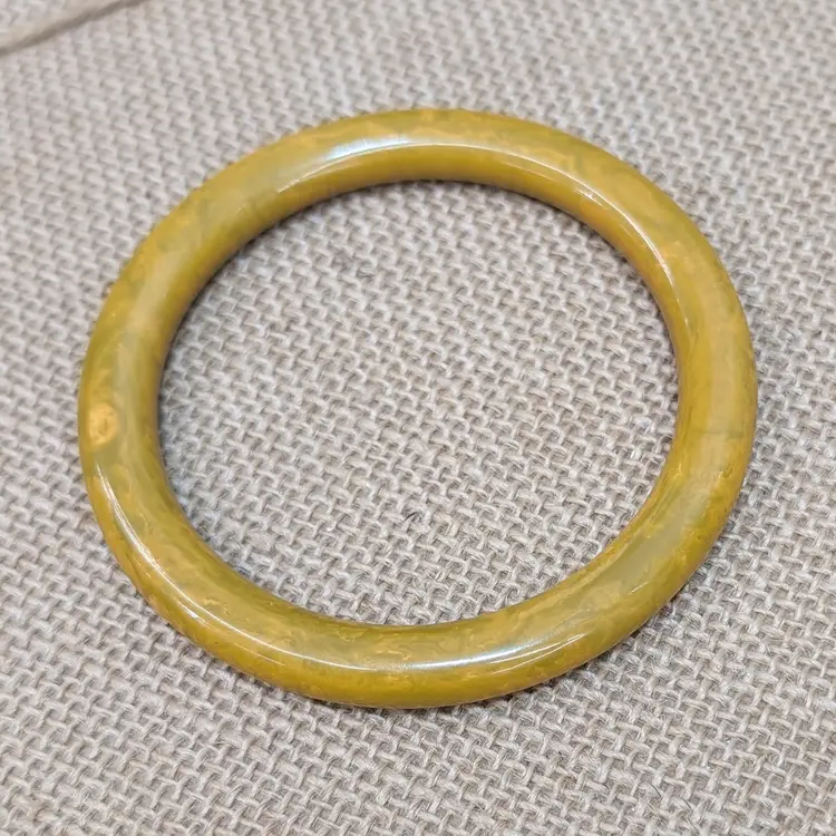 Vintage Marbled Mustard Yellow & Pea Soup Green Bakelite Bangle Rounded