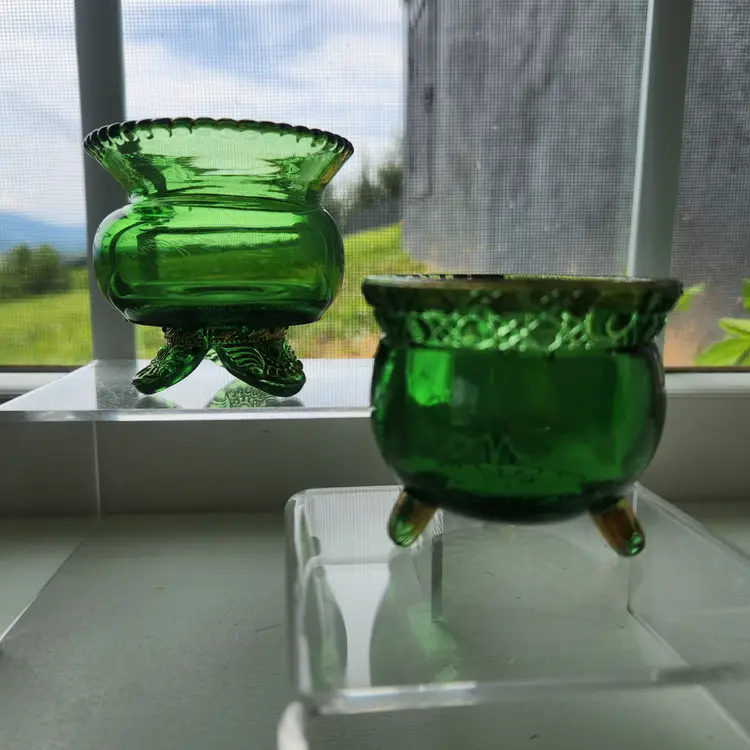 EAPG Antique Green Glass Toothpick Holders Colorado / Lacy Medallion Pattern w Gold Set of 2 - Souvenir Dayton, Ohio Detroit - USA