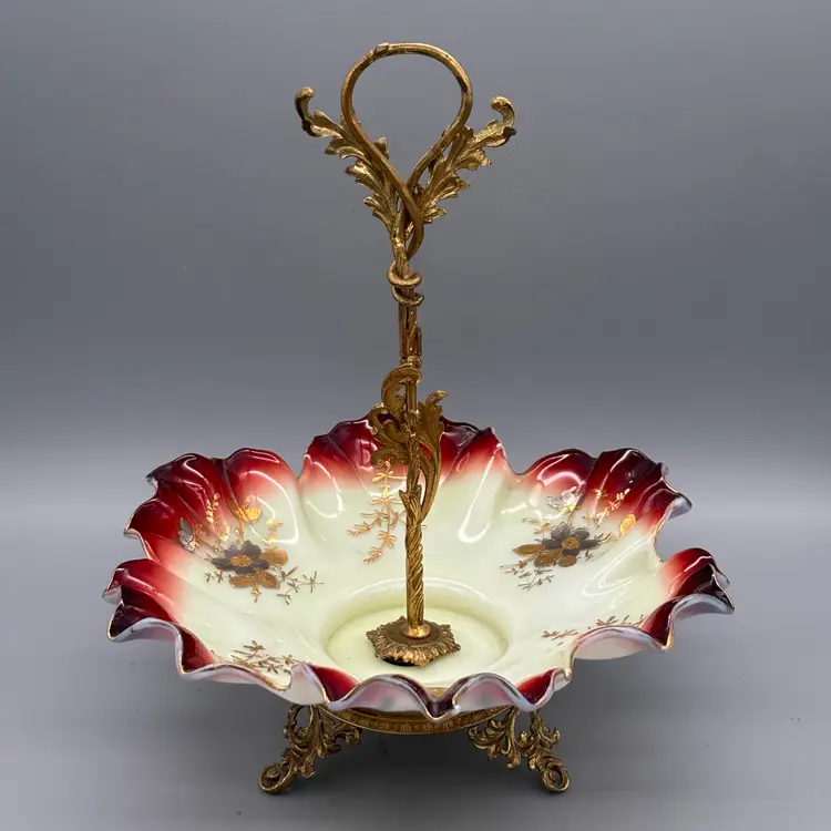 Antique Glass Victorian Custard Glass Ruffled Bridal Basket Fluted Bowl w/ Brass Stand and Handle | Uranium Glass