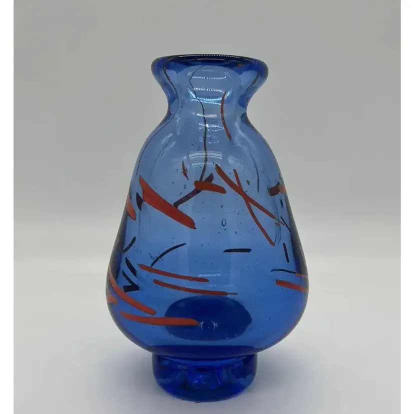 Modernist Studio Art Glass Bud Vase Blue Orange Accents