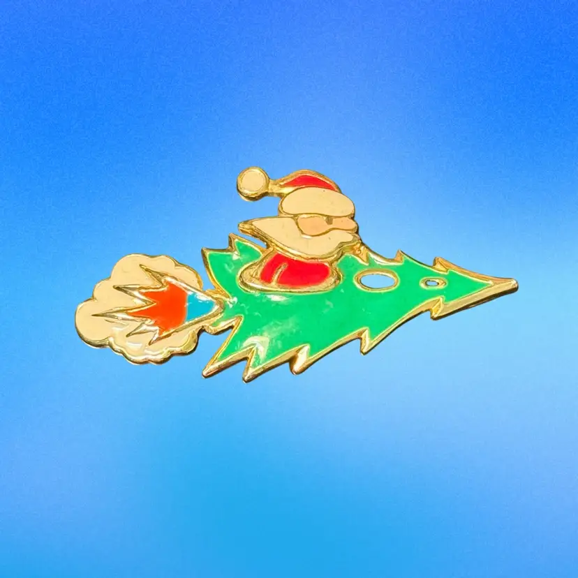 Vintage Signed Edgar Berebi Santa Claus Christmas Tree Rocket Goldtone Brooch **UV Glow**