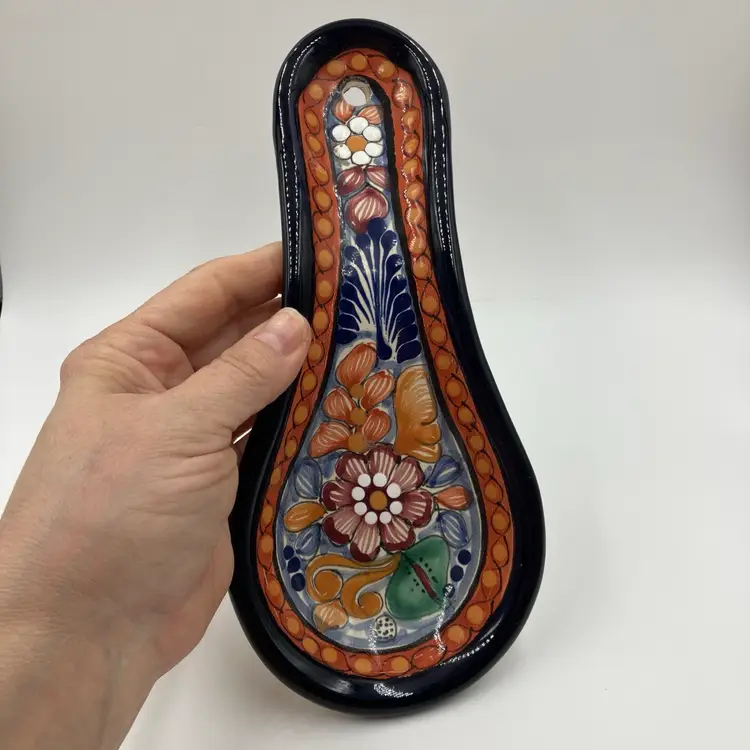 Handmade Talavera Ceramic Spoon Rest Mexican Pottery Floral Design 8" Lead-Free