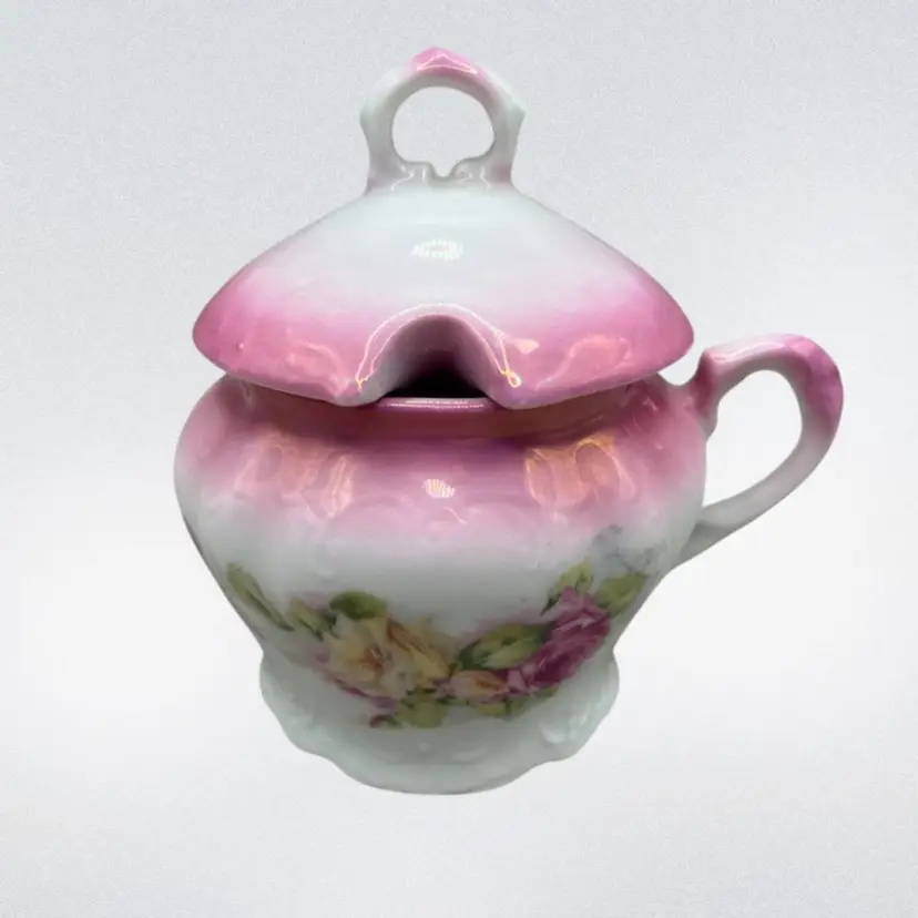Antique Germany Pink Roses Floral Porcelain Sugar Bowl No Spoon