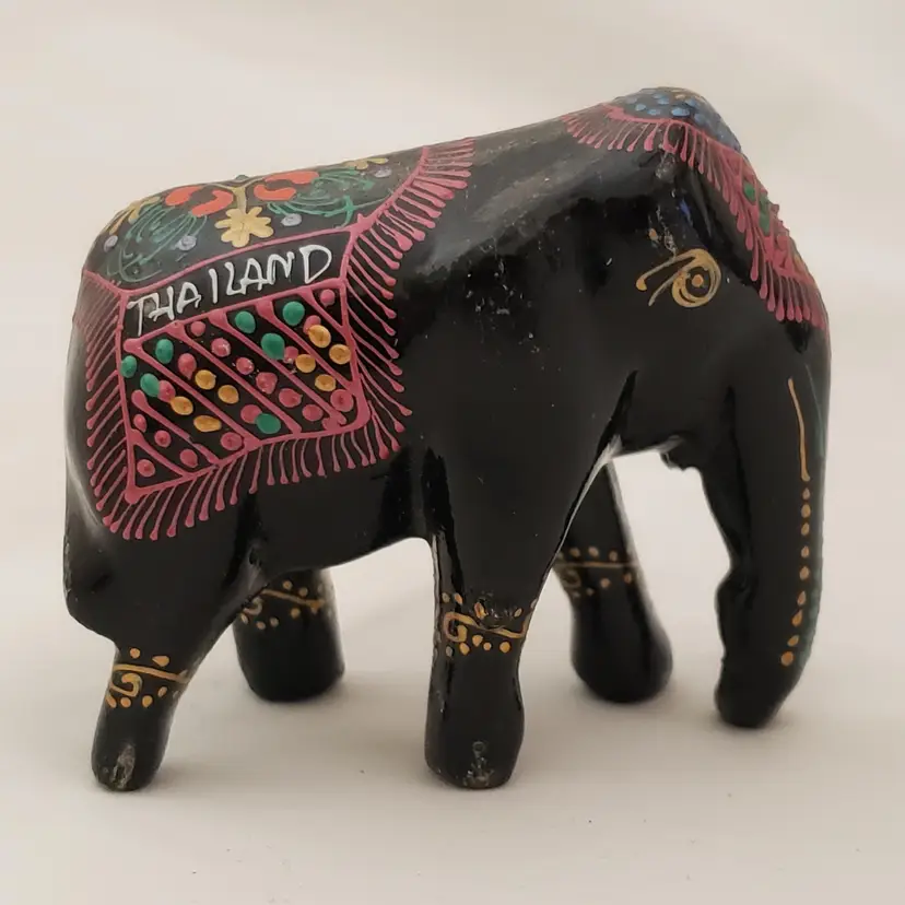 Elephant Souvenir Figurine Hand Painted and Lacquered Wood Trunk Down Unbranded
