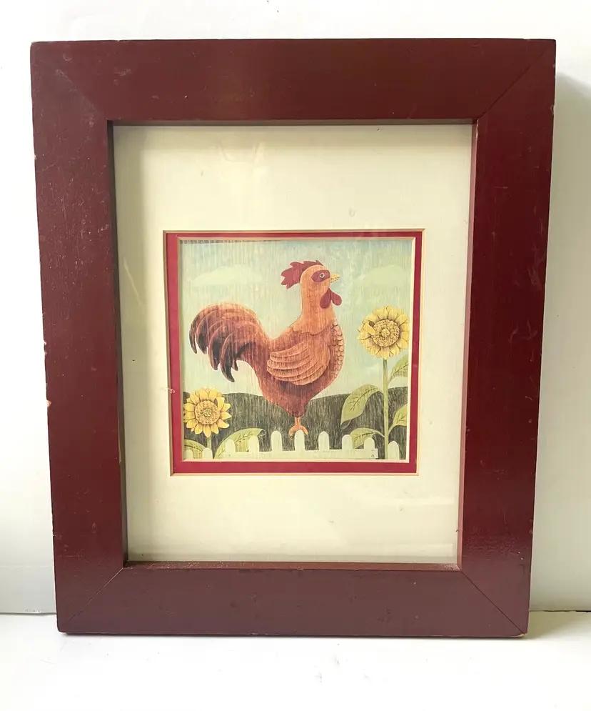 Rooster Print. Country. Rustic. Framed 12.5”x10.5”