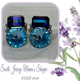 Vintage Blue Glass Large Circle And Rectangle Clip Earrings