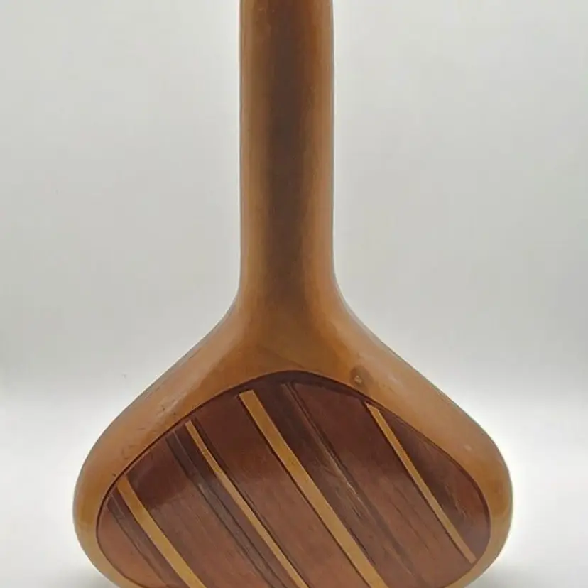 Handmade Studio Artist Signed Retro Diagonal Striped Turned Wood Carved Vase 11"