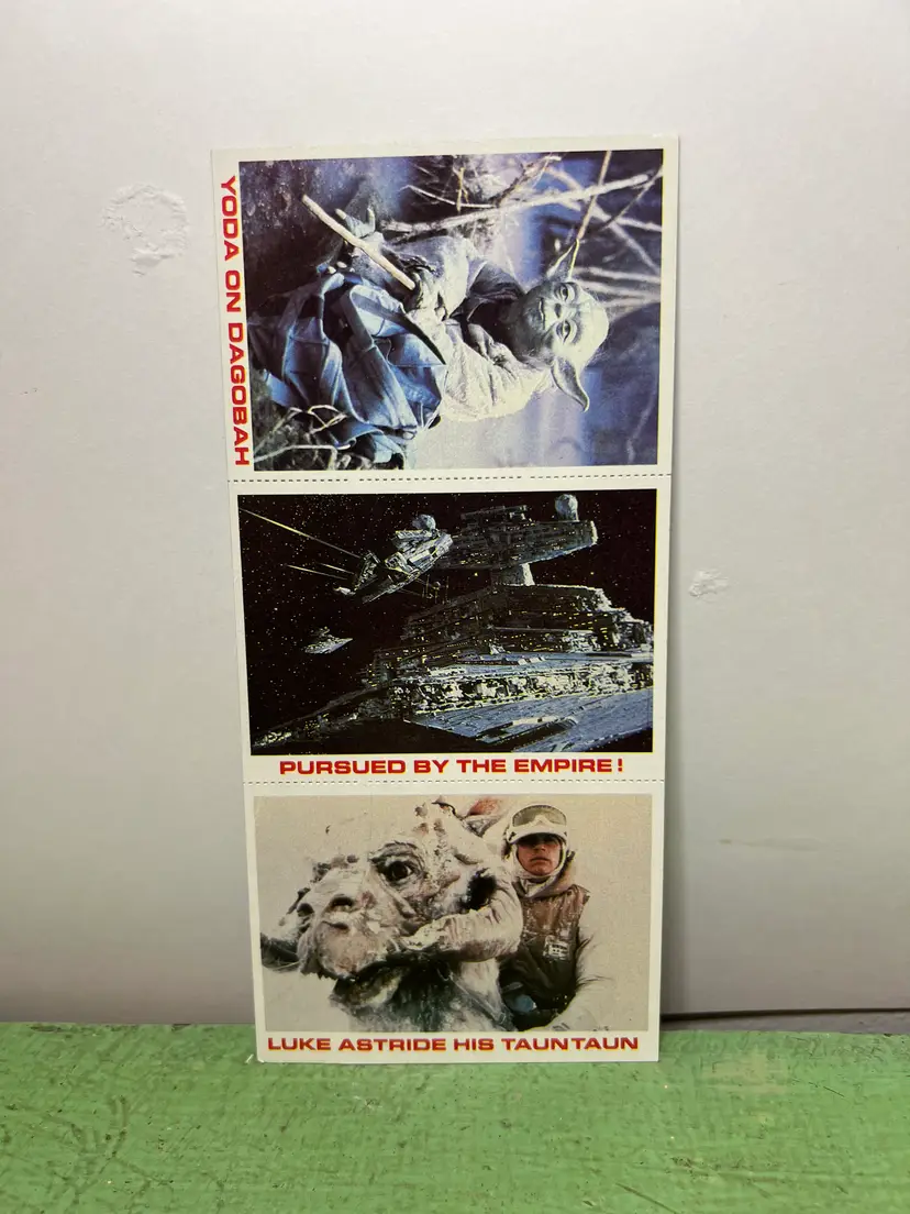 1977 Burger King Star Wars Trading Card 3 Card Uncut Panel Yoda, The Empire, Luke Astride his Tauntaun