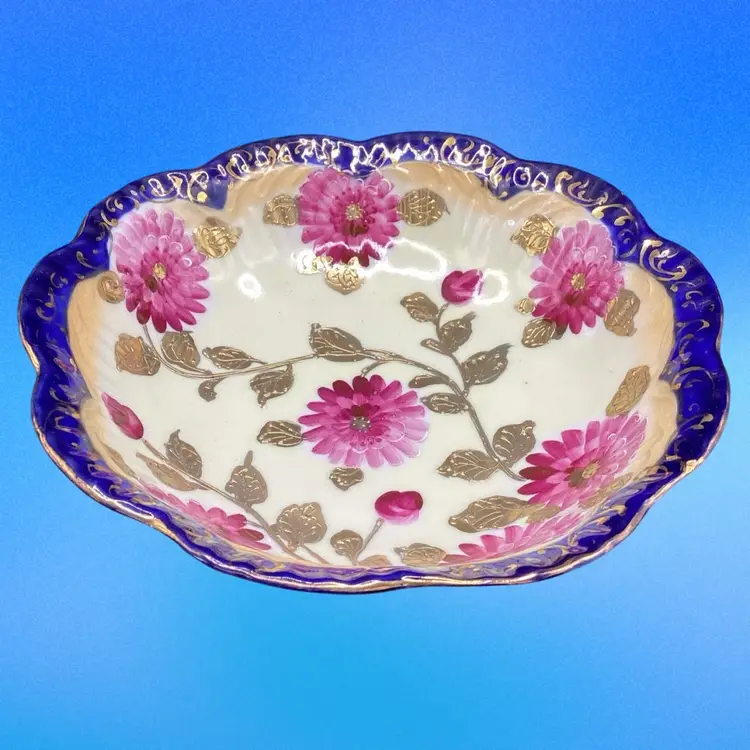 6 Pc Vtg Cobalt Porcelain Hand Painted Gold Floral Scalloped Edge Serving Dish W/5 Sauce Dishes, Very Old. Beautiful