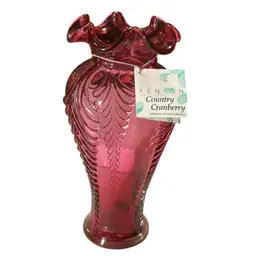 Country Cranberry Feather Draped Vase Made With Pure Gold 4418 - 11”