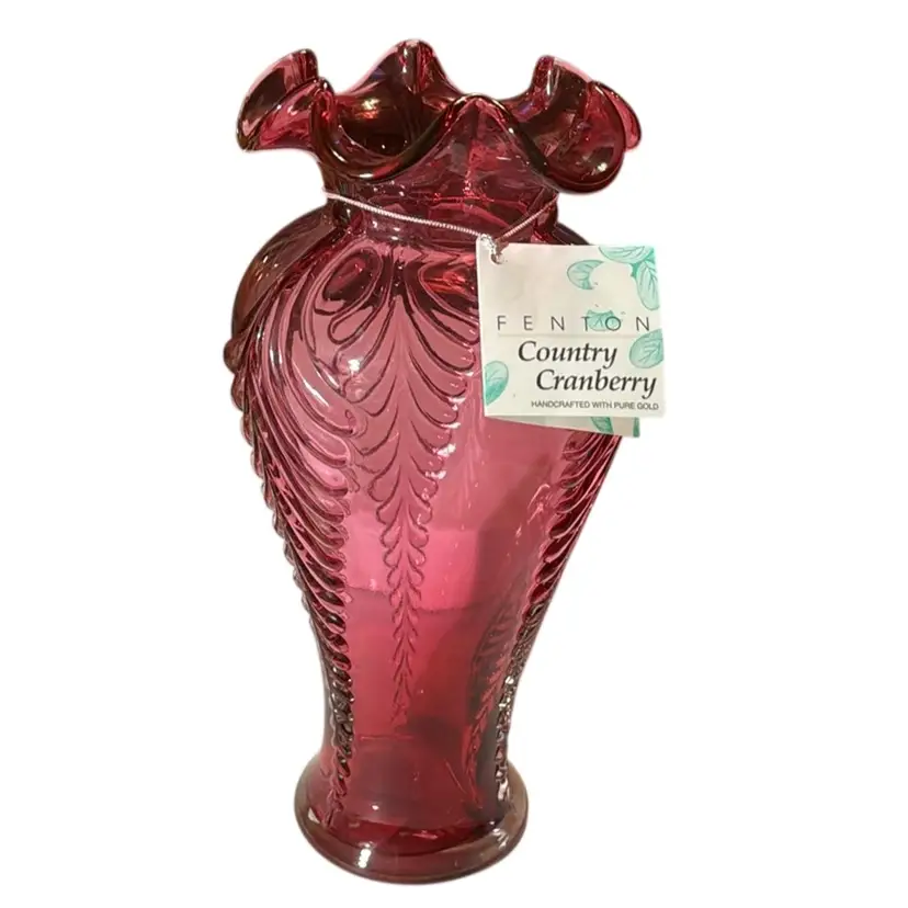 Country Cranberry Feather Draped Vase Made With Pure Gold 4418 - 11”