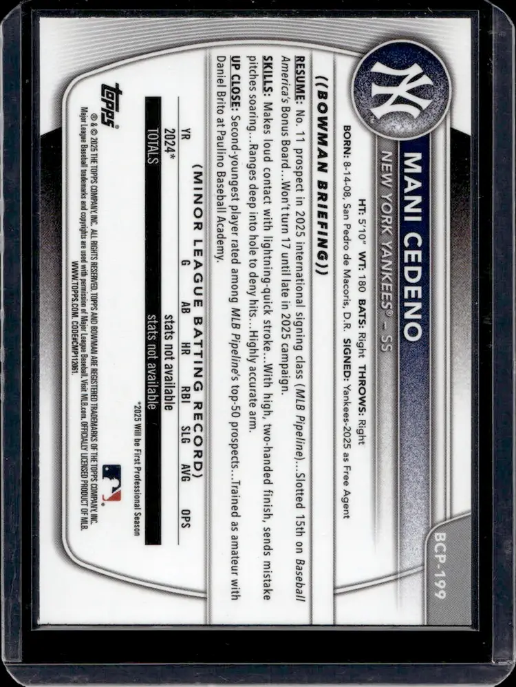 Mani Cedeno 1st Bowman Chrome Yankees Card