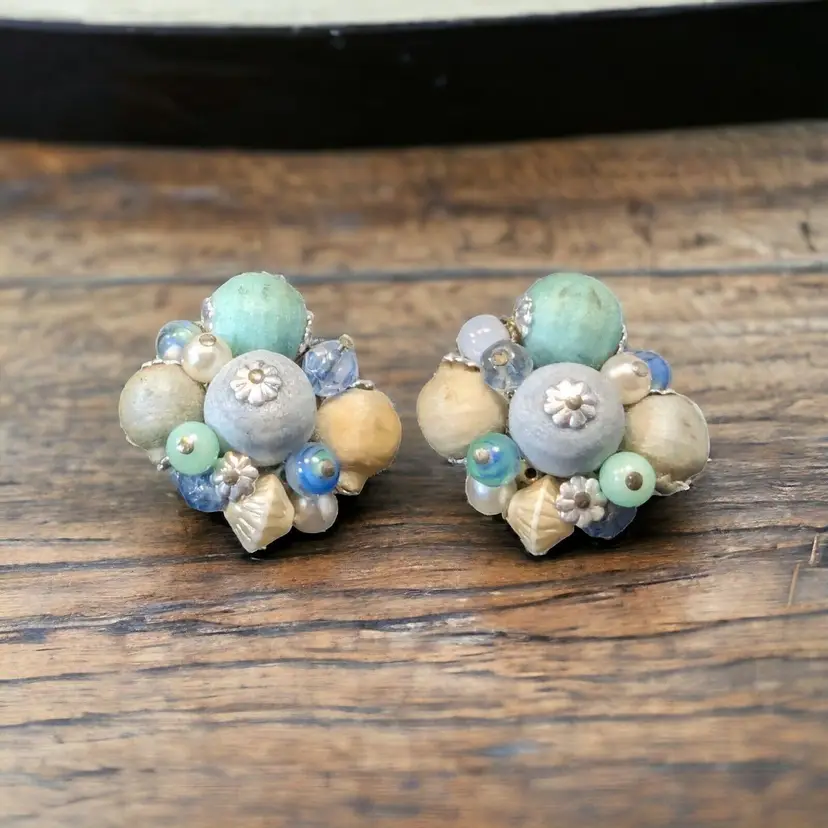 Vintage Antique Clip On Cluster Earrings Blue Mint Beads Stones Japan Fashion