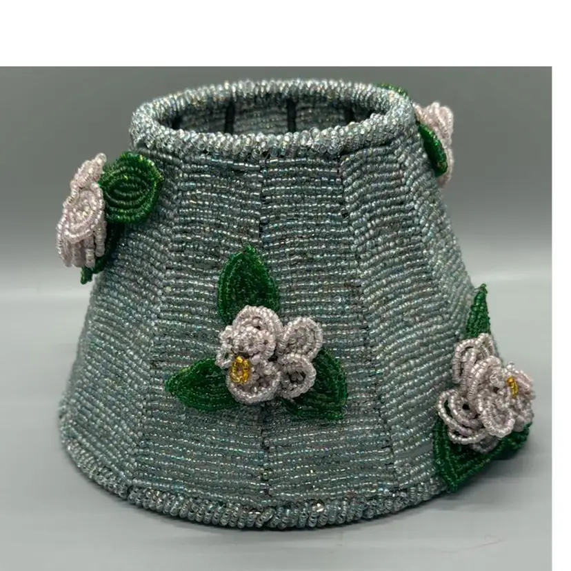 Vintage Glass Bead Lampshade Candle Topper / Floral Beaded Candle Top