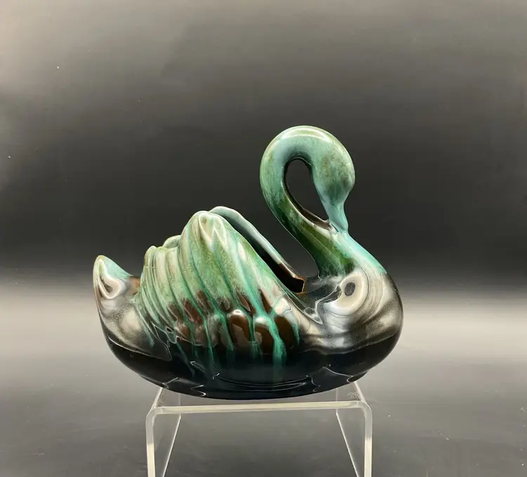 Vtg Blue Mountain Pottery Ceramic Swan Planter Vase Blue Green Drip Glaze Canada