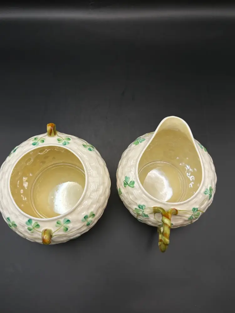 Vintage Belleek Ireland Basketweave Shamrock Creamer and Sugar Bowl Set