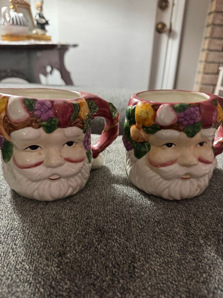 2 Vintage Wang International 3-D Santa Mugs