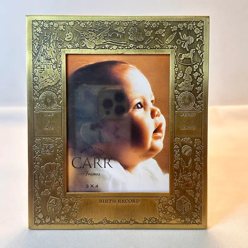 Vintage Carr Antique Brass Baby Birth Record Engravable  Picture Frame NOS