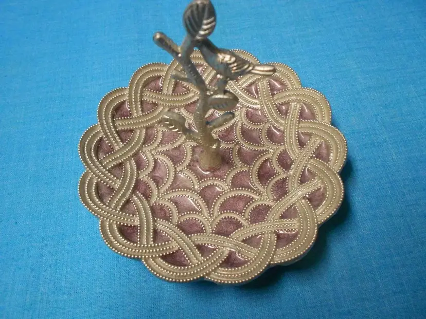 Cynthia Rawley Pink Enameled Jewelry Dish Pewter Tree with Silver Bird